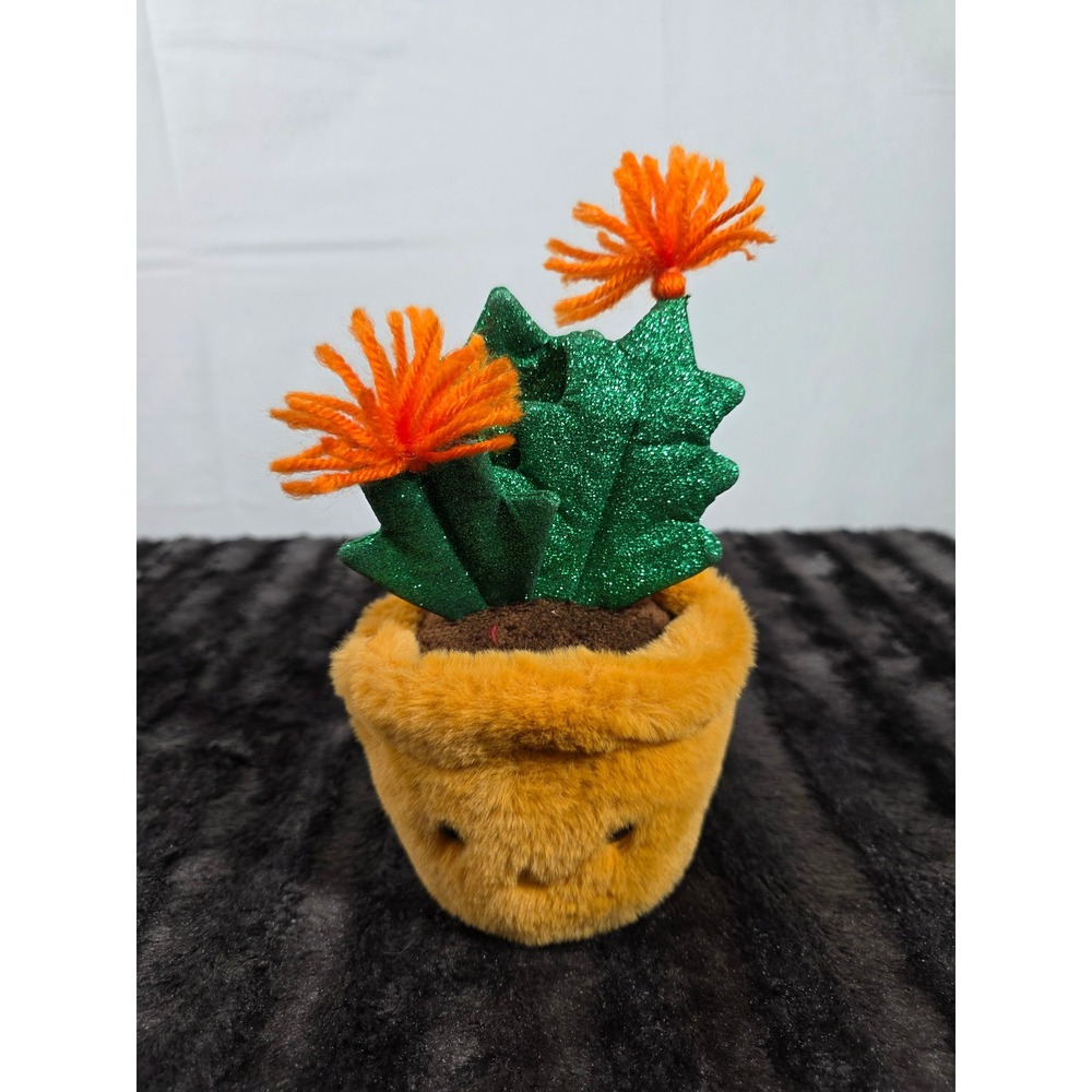 FAO Schwarz Plush Cactus Plant Green Glitter Orange Yarn Flowers Fuzzy Pot Toy